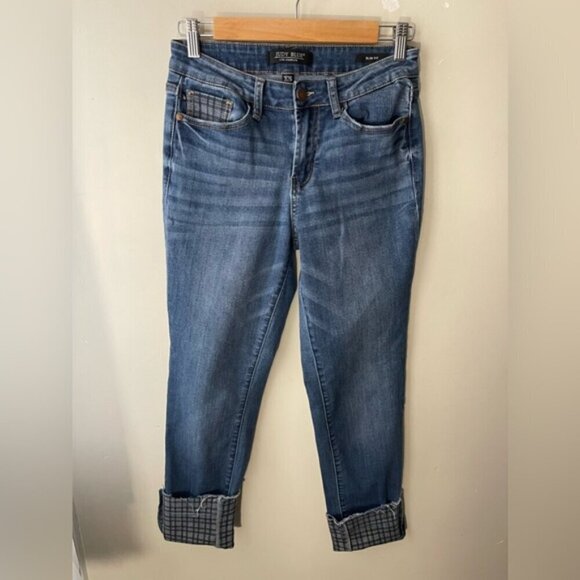 Judy Blue Plaid Cuffed Slim Fit Jean size 26 stretch classic medium wash jeans - Picture 3 of 16